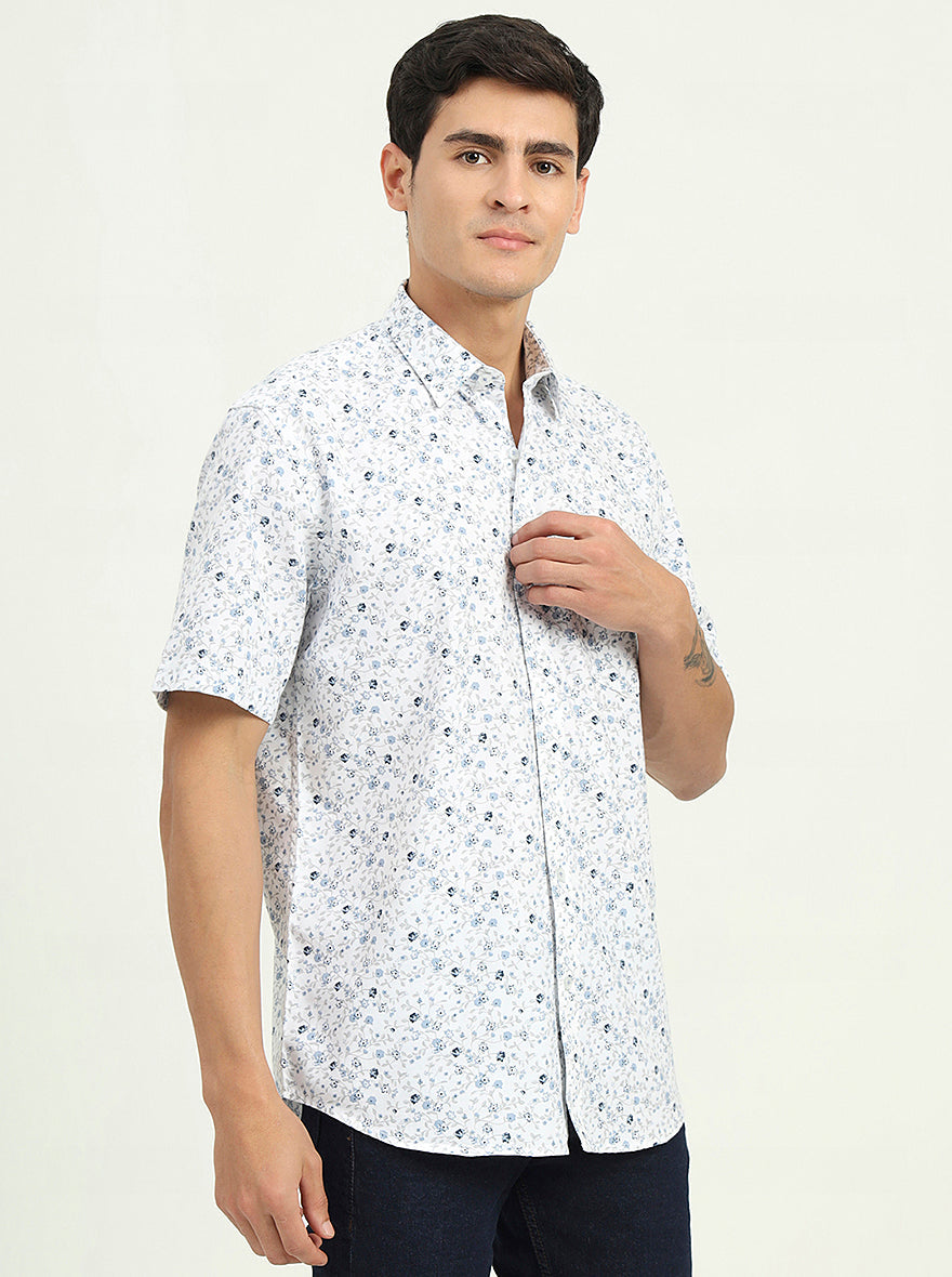 Blue Printed Slim Fit Semi Casual Shirt | Greenfibre