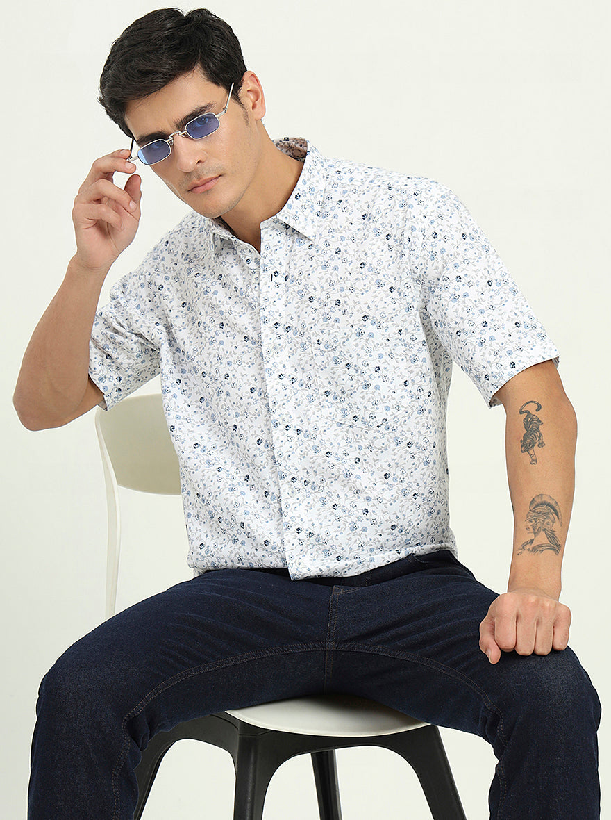 Blue Printed Slim Fit Semi Casual Shirt | Greenfibre