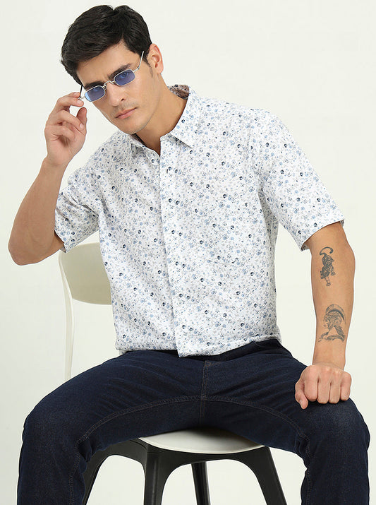Blue Printed Slim Fit Semi Casual Shirt | Greenfibre