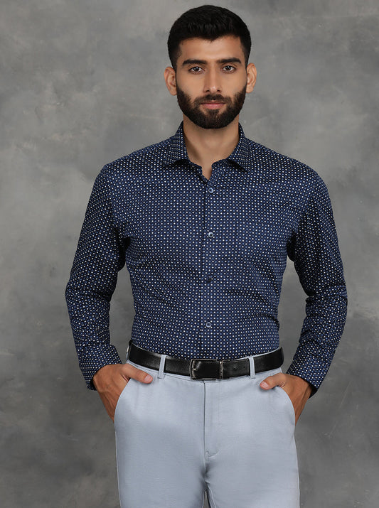 Navy Blue Printed Slim Fit Formal Shirt | GreenFibre