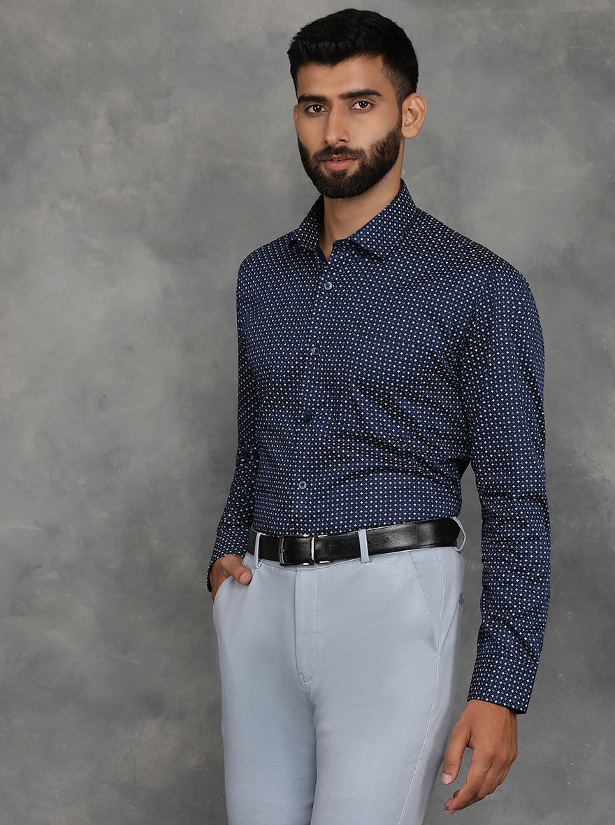 Navy Blue Printed Slim Fit Formal Shirt | GreenFibre