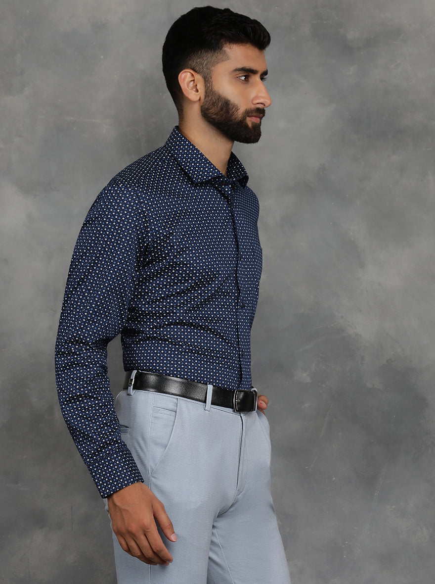 Navy Blue Printed Slim Fit Formal Shirt | GreenFibre