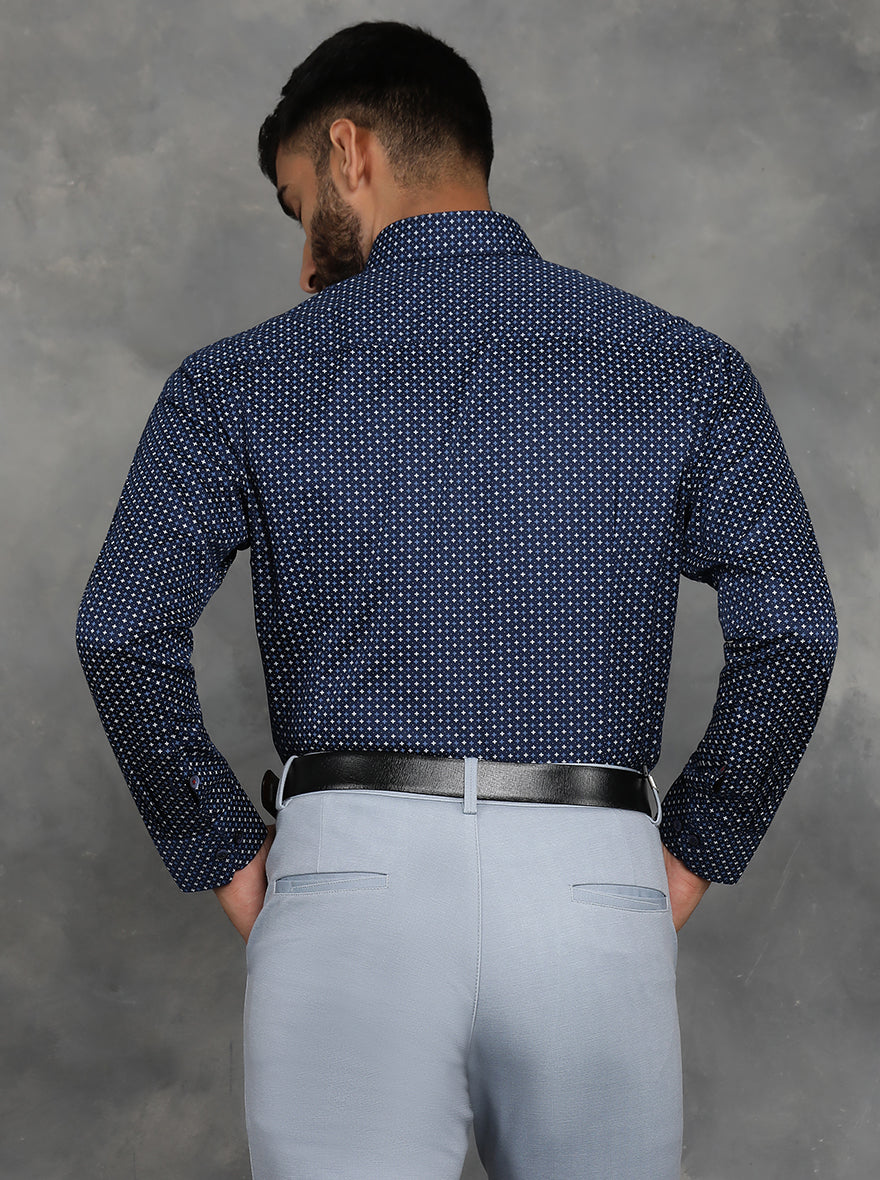Navy Blue Printed Slim Fit Formal Shirt | GreenFibre