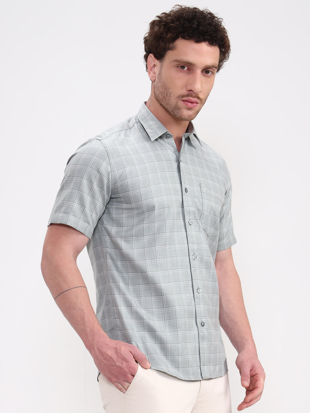 Green Checked Smart Fit Semi Casual Shirt | Greenfibre