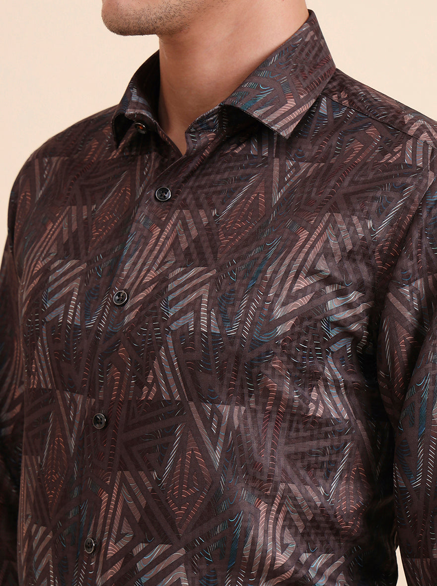 Brown Printed Slim Fit Party Wear Shirt | GreenFiber