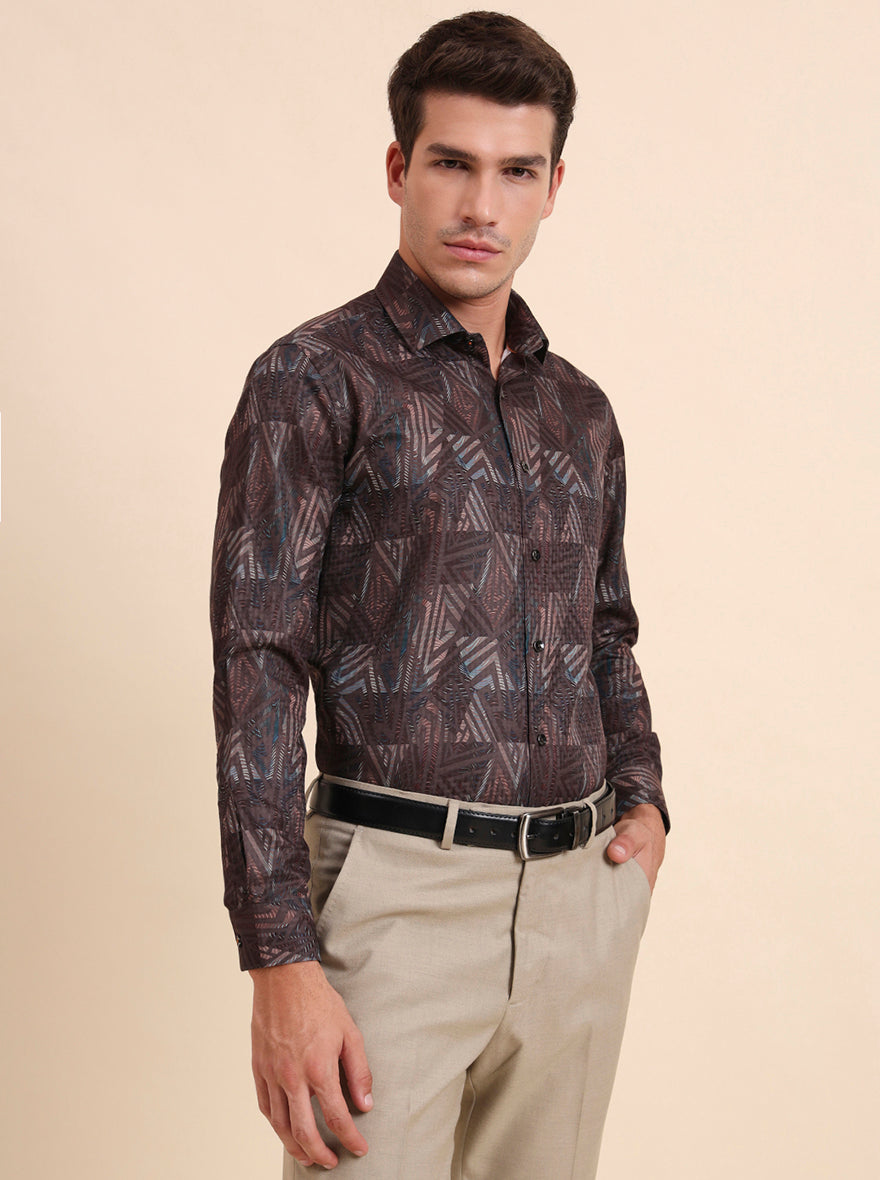 Brown Printed Slim Fit Party Wear Shirt | GreenFiber