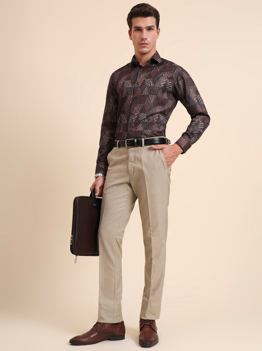 Brown Printed Slim Fit Party Wear Shirt | GreenFiber