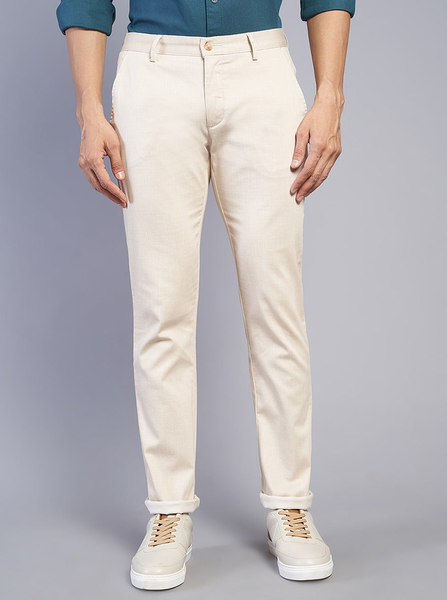 Beige Solid Super Slim Fit Casual Trouser | Greenfibre