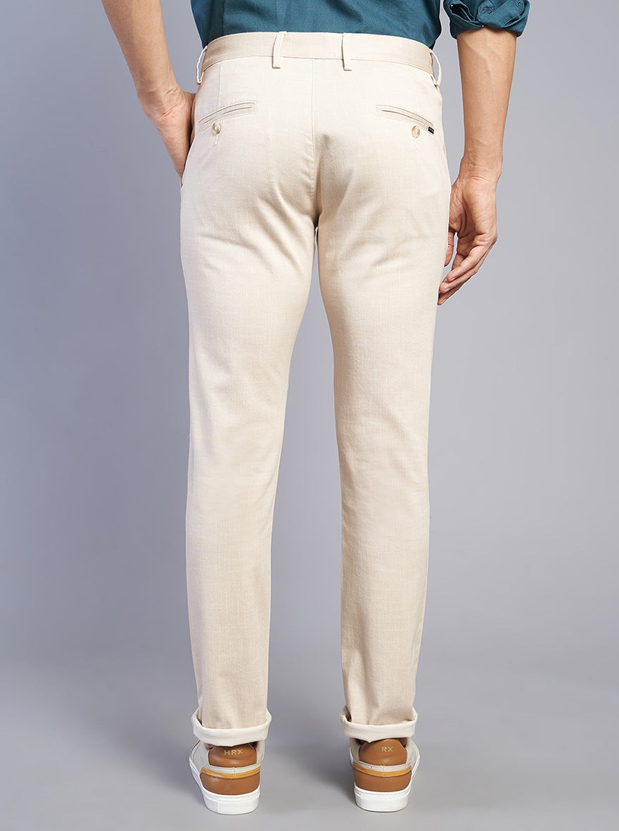 Beige Solid Super Slim Fit Casual Trouser | Greenfibre