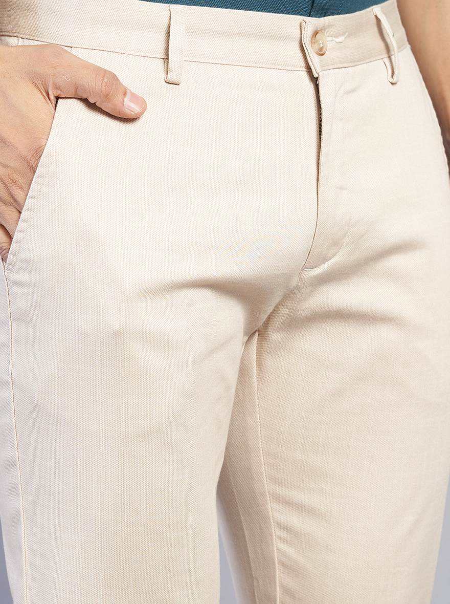 Beige Solid Super Slim Fit Casual Trouser | Greenfibre