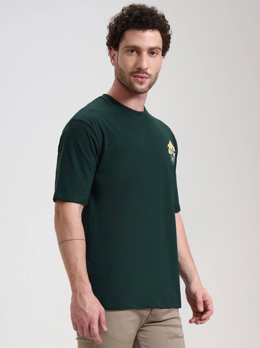 Bottle Green Printed Oversize Fit T-Shirt | Greenfibre