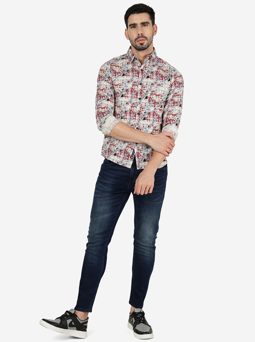 Red Printed Slim Fit Casual Shirt | Greenfibre