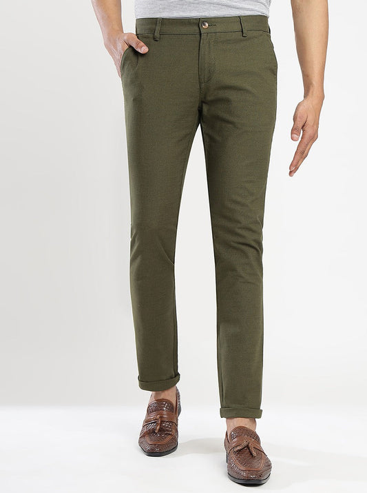 Olive Green Solid Super Slim Fit Casual Trouser | Greenfibre