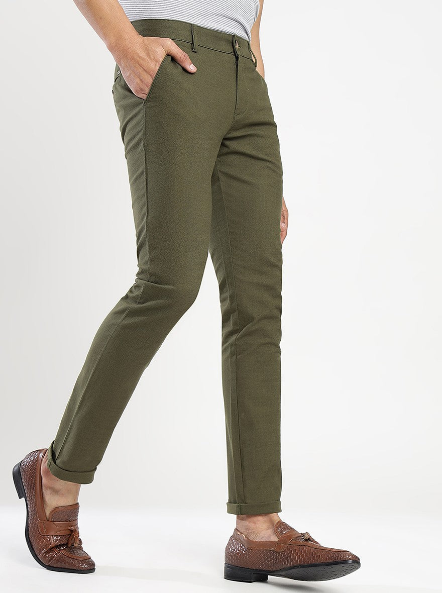 Olive Green Solid Super Slim Fit Casual Trouser | Greenfibre