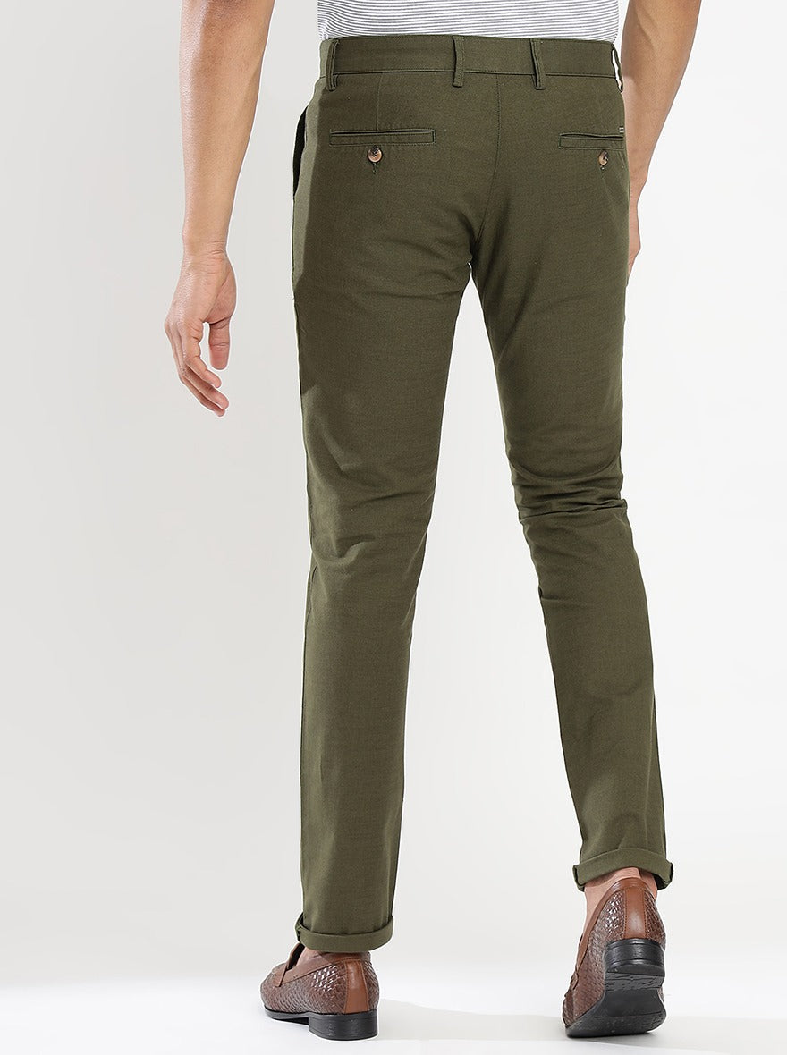 Olive Green Solid Super Slim Fit Casual Trouser | Greenfibre