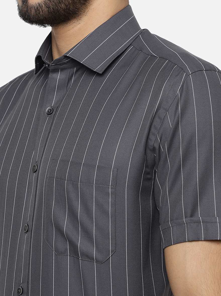 Dark Grey Striped Regular Fit Formal Shirt | Greenfibre