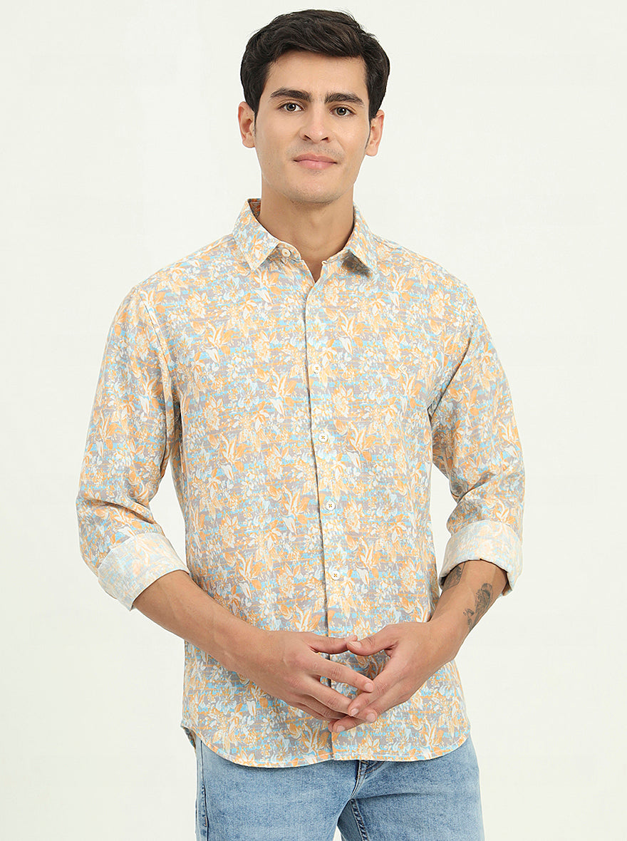 Yellow & Grey Printed Slim Fit Casual Shirt | Greenfibre