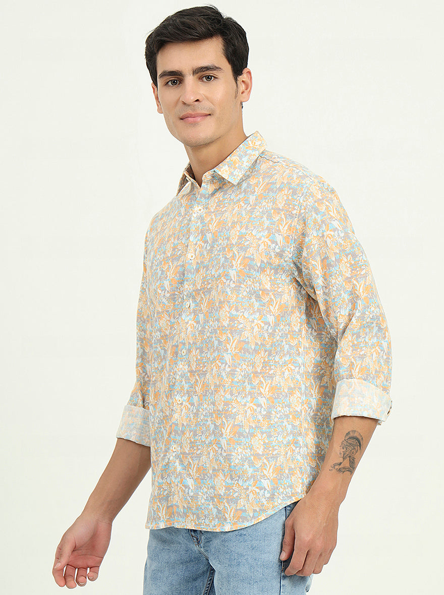 Yellow & Grey Printed Slim Fit Casual Shirt | Greenfibre