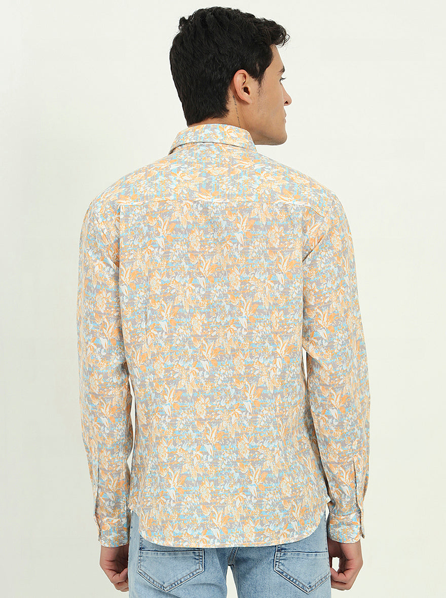 Yellow & Grey Printed Slim Fit Casual Shirt | Greenfibre