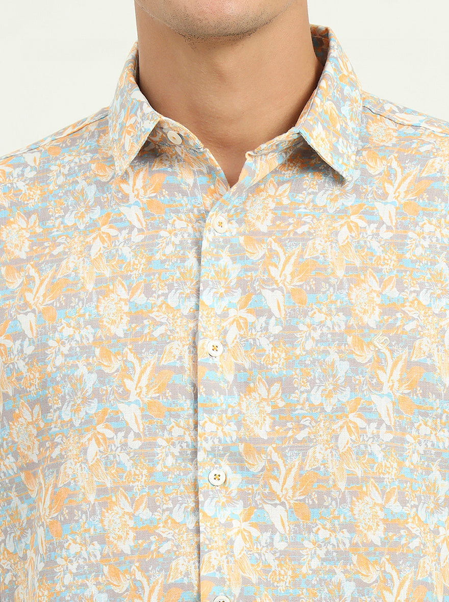 Yellow & Grey Printed Slim Fit Casual Shirt | Greenfibre