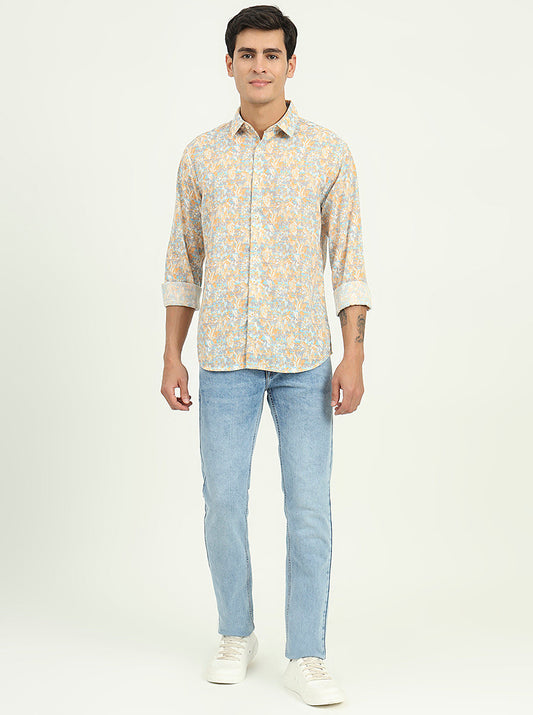 Yellow & Grey Printed Slim Fit Casual Shirt | Greenfibre