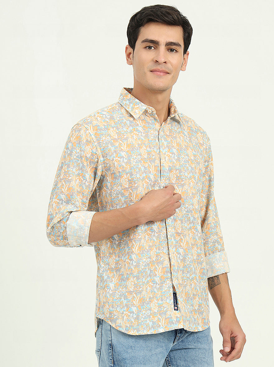 Yellow & Grey Printed Slim Fit Casual Shirt | Greenfibre