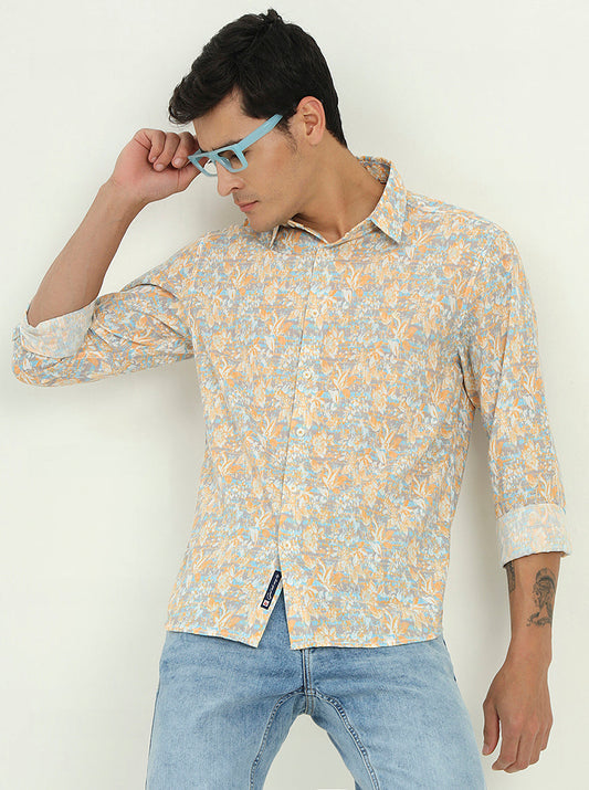 Yellow & Grey Printed Slim Fit Casual Shirt | Greenfibre