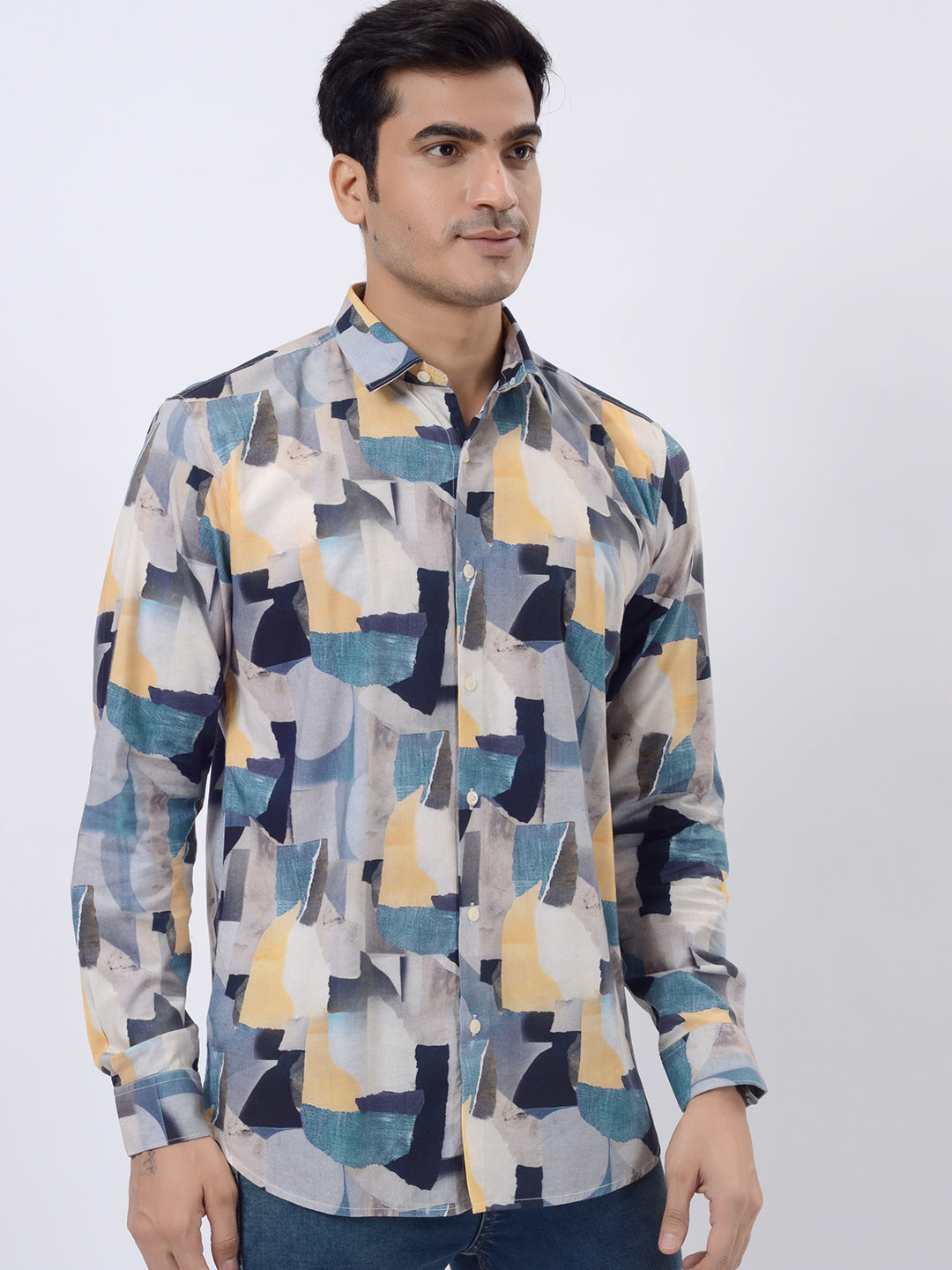 Grey & Blue Printed Slim Fit Casual Shirt | JadeBlue