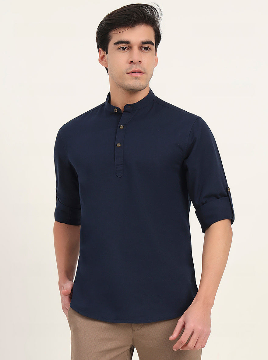 Navy Blue Solid Slim Fit Short Kurta | Greenfibre
