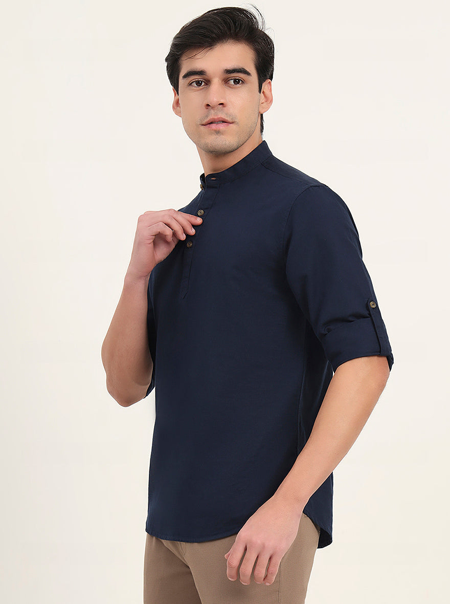 Navy Blue Solid Slim Fit Short Kurta | Greenfibre