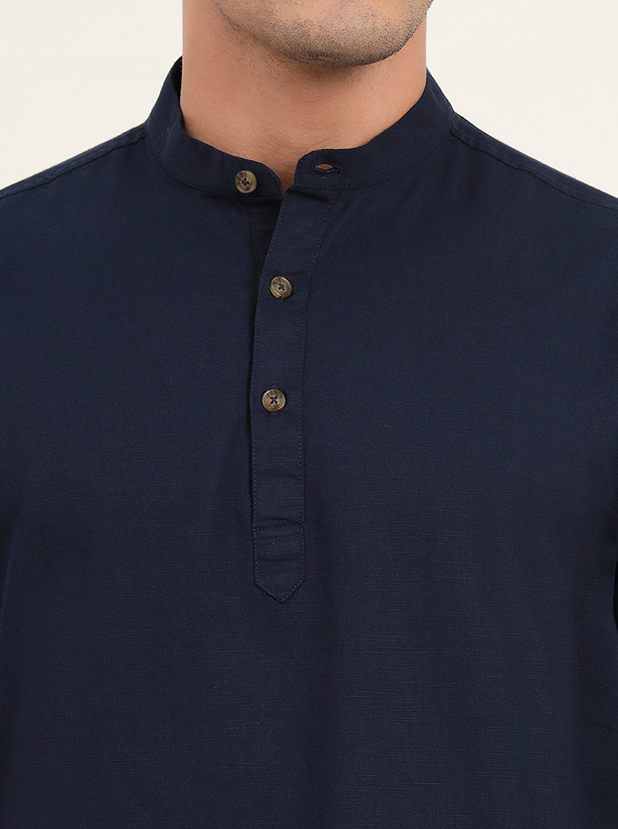 Navy Blue Solid Slim Fit Short Kurta | Greenfibre