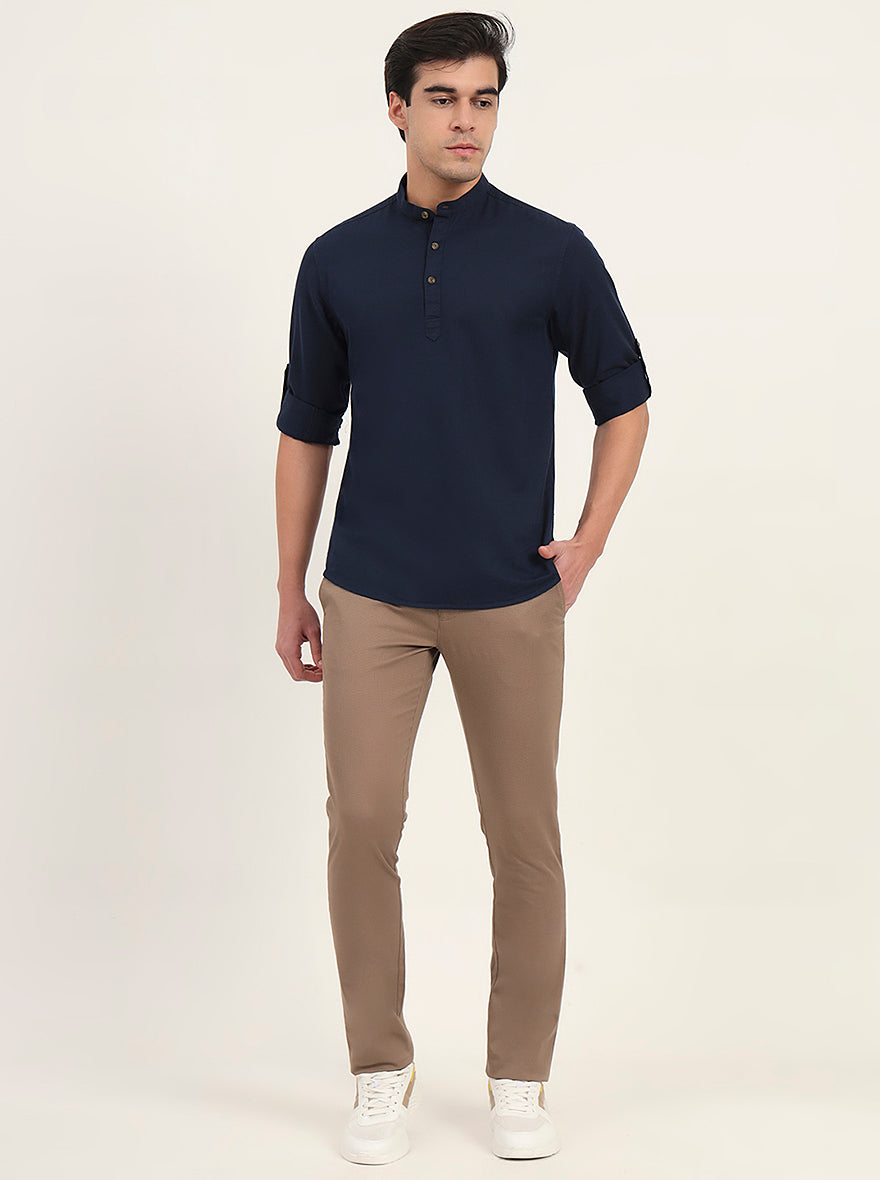 Navy Blue Solid Slim Fit Short Kurta | Greenfibre
