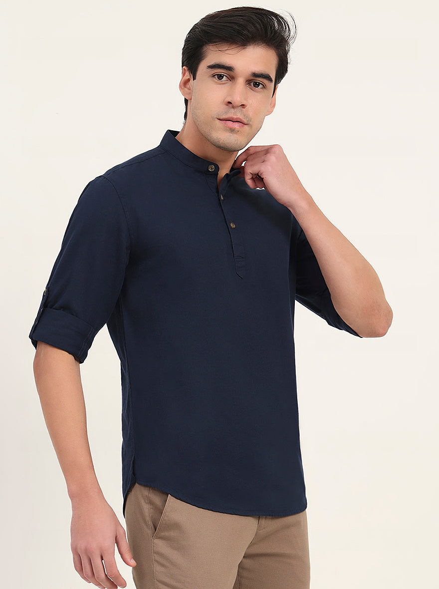 Navy Blue Solid Slim Fit Short Kurta | Greenfibre