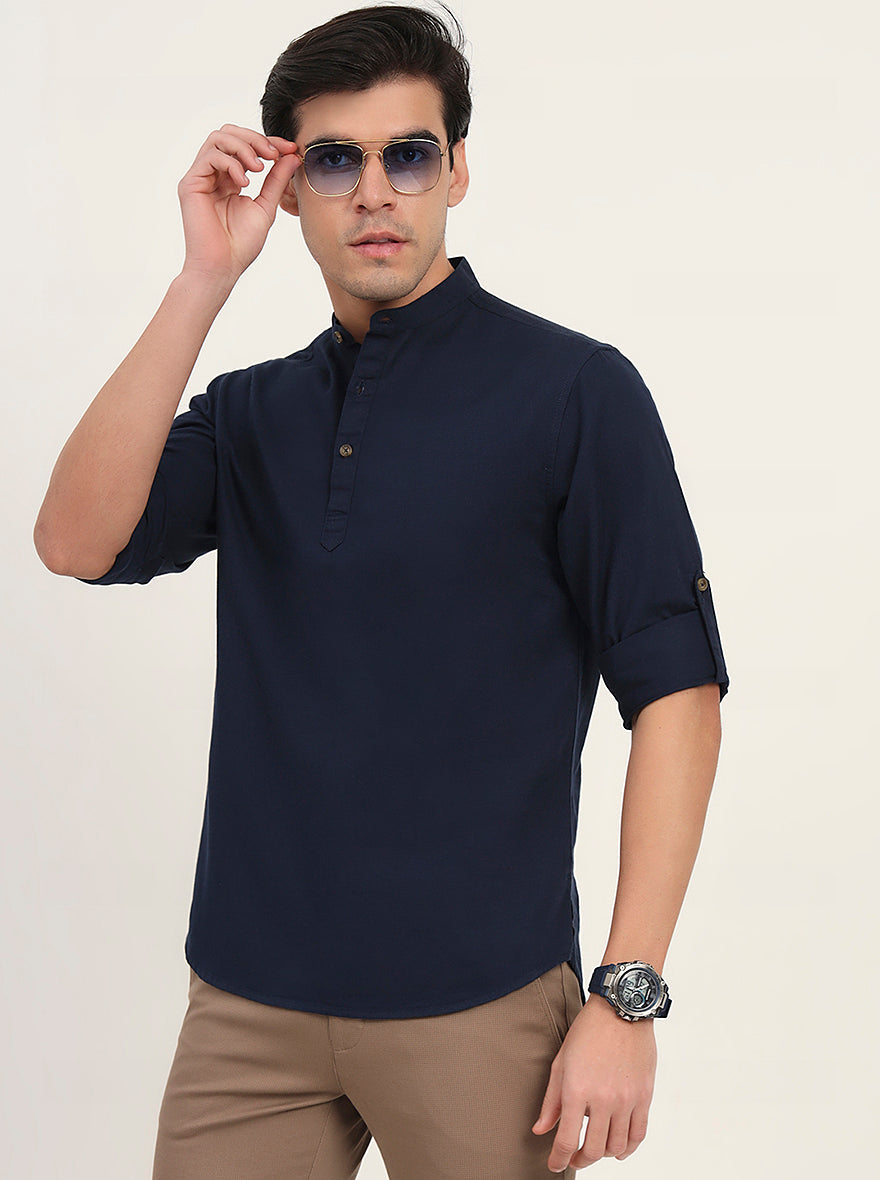 Navy Blue Solid Slim Fit Short Kurta | Greenfibre
