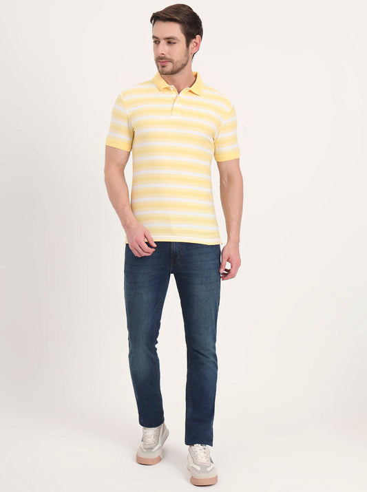 Yellow & White Printed Slim Fit Polo T-Shirt | Greenfibre