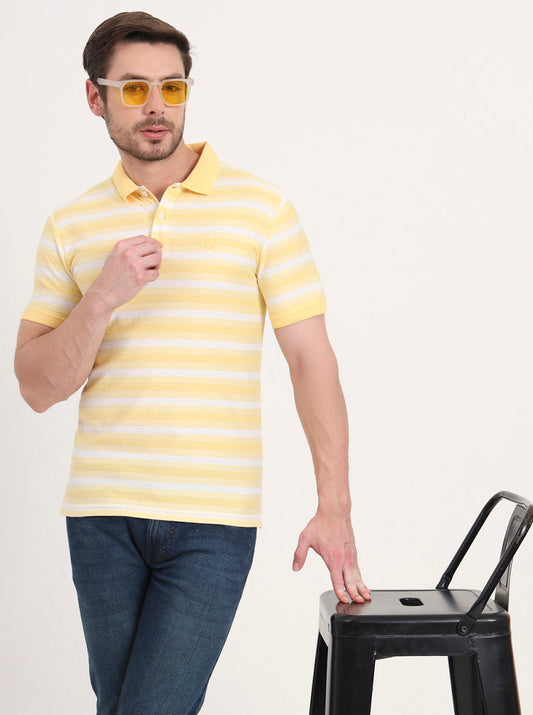 Yellow & White Printed Slim Fit Polo T-Shirt | Greenfibre