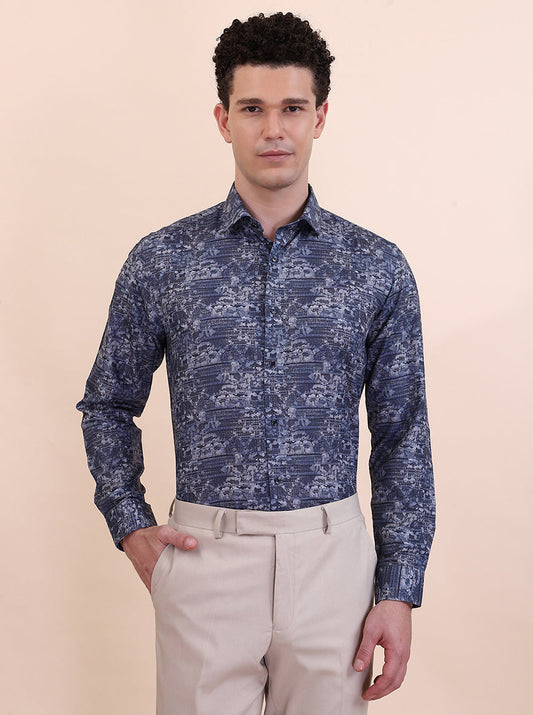 Blue Printed Slim Fit Party Wear Shirt | Greenfibre