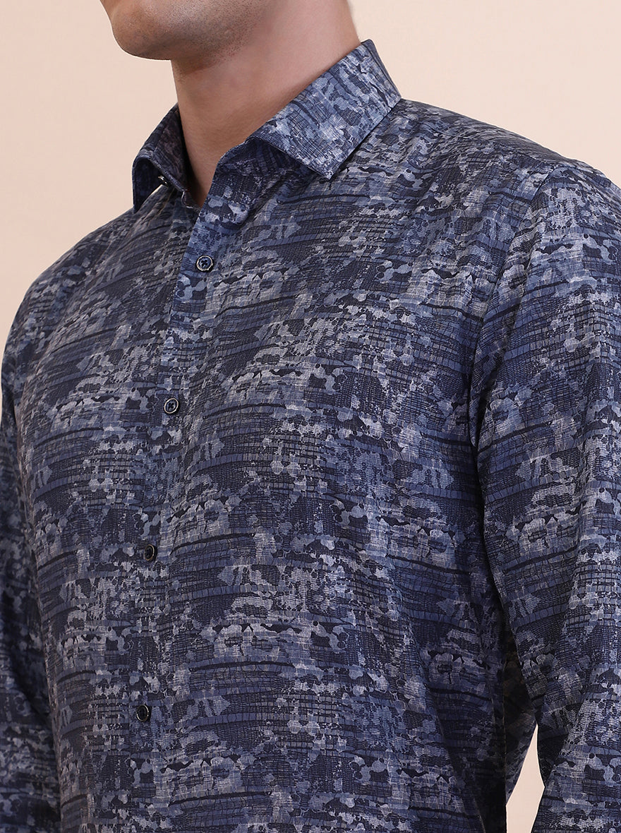 Blue Printed Slim Fit Party Wear Shirt | Greenfibre