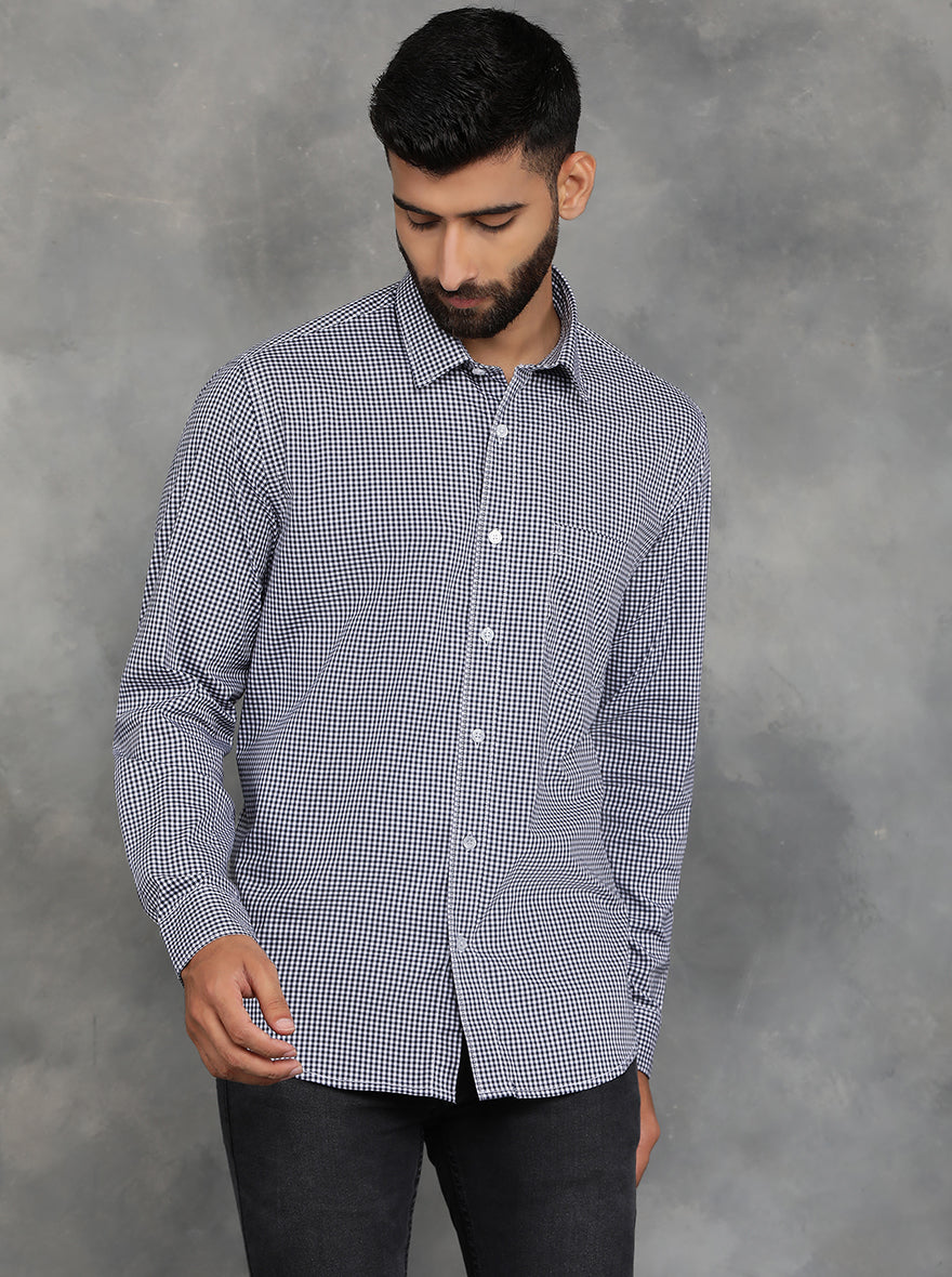Navy Blue Checked Smart Fit Semi Casual Shirt | GreenFibre