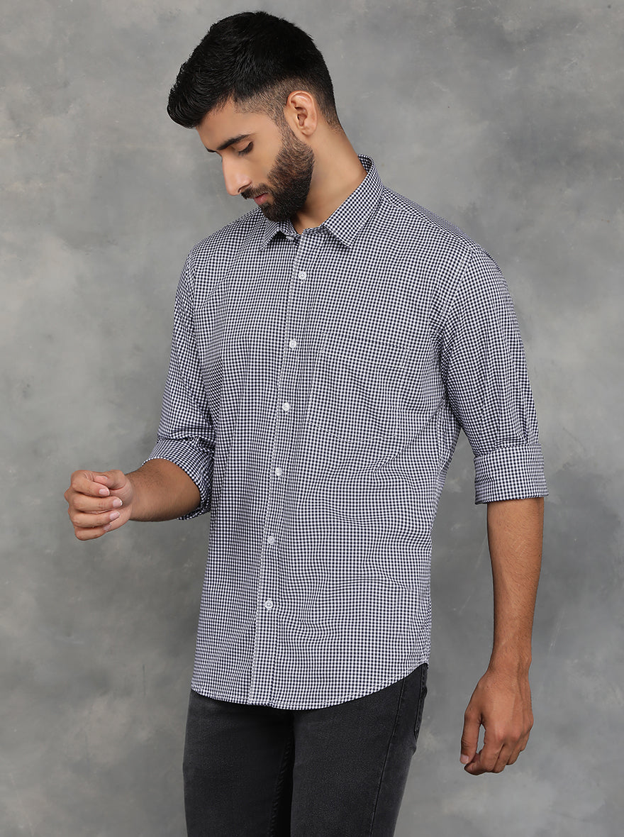 Navy Blue Checked Smart Fit Semi Casual Shirt | GreenFibre