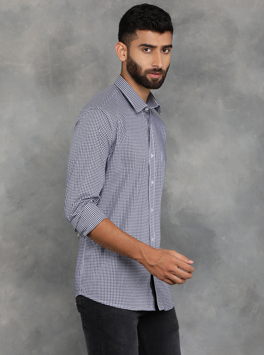 Navy Blue Checked Smart Fit Semi Casual Shirt | GreenFibre