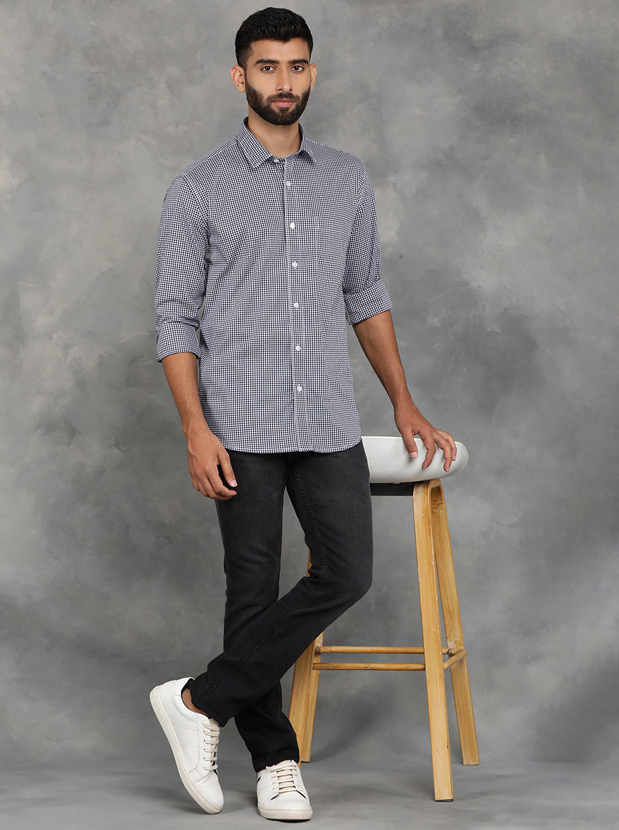 Navy Blue Checked Smart Fit Semi Casual Shirt | GreenFibre