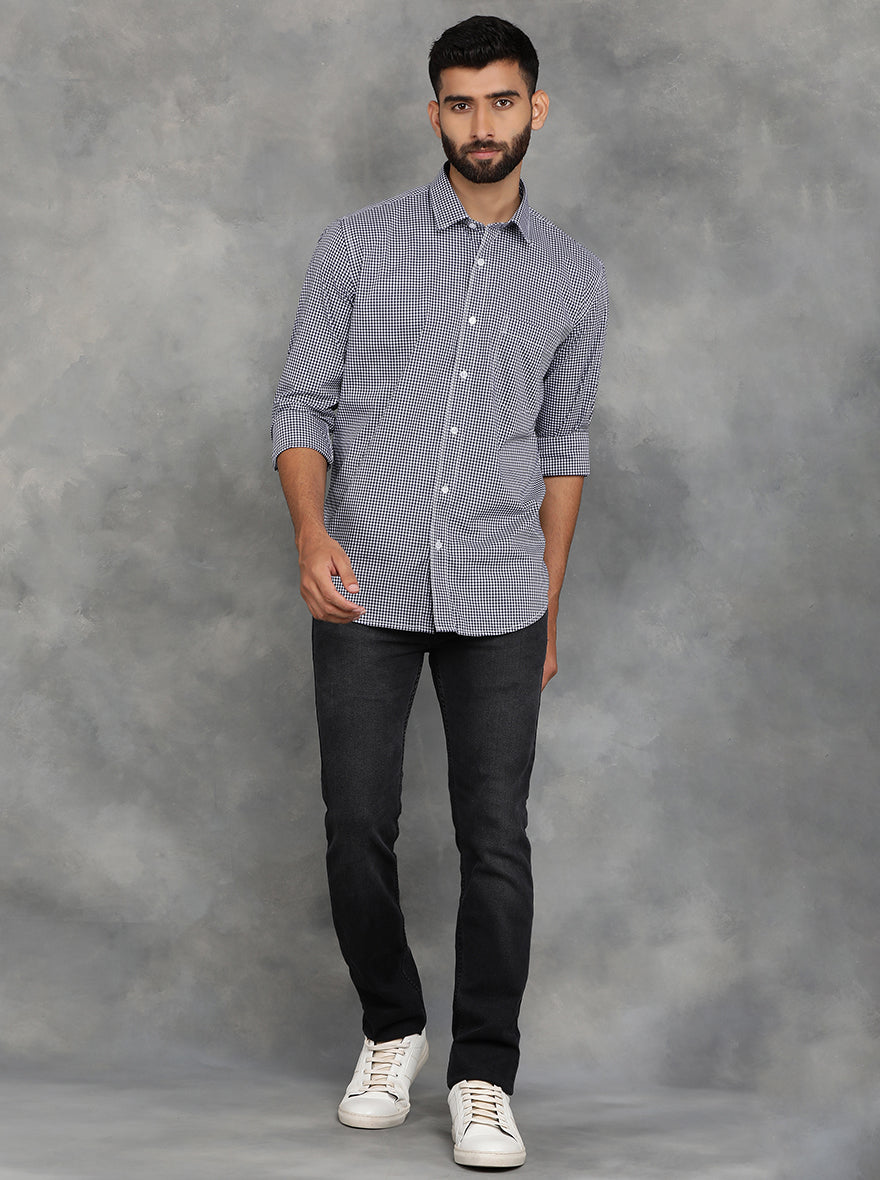 Navy Blue Checked Smart Fit Semi Casual Shirt | GreenFibre