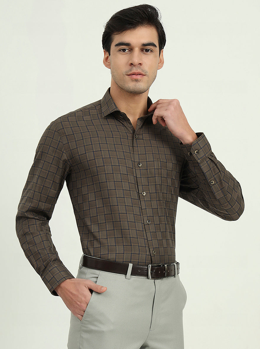 Brown & Blue Checked Regular Fit Formal Shirt | Greenfire