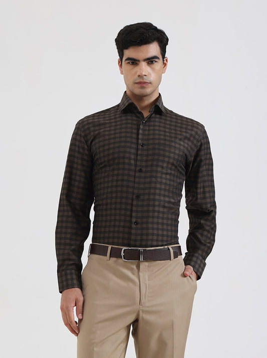 Olive Brown Checked Regular Fit Formal Shirt | Greenfibre