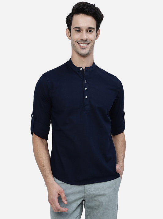 Navy Blue Solid Slim Fit Semi Casual Shirt | Greenfibre