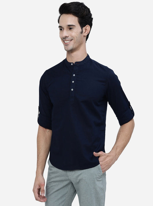 Navy Blue Solid Slim Fit Semi Casual Shirt | Greenfibre