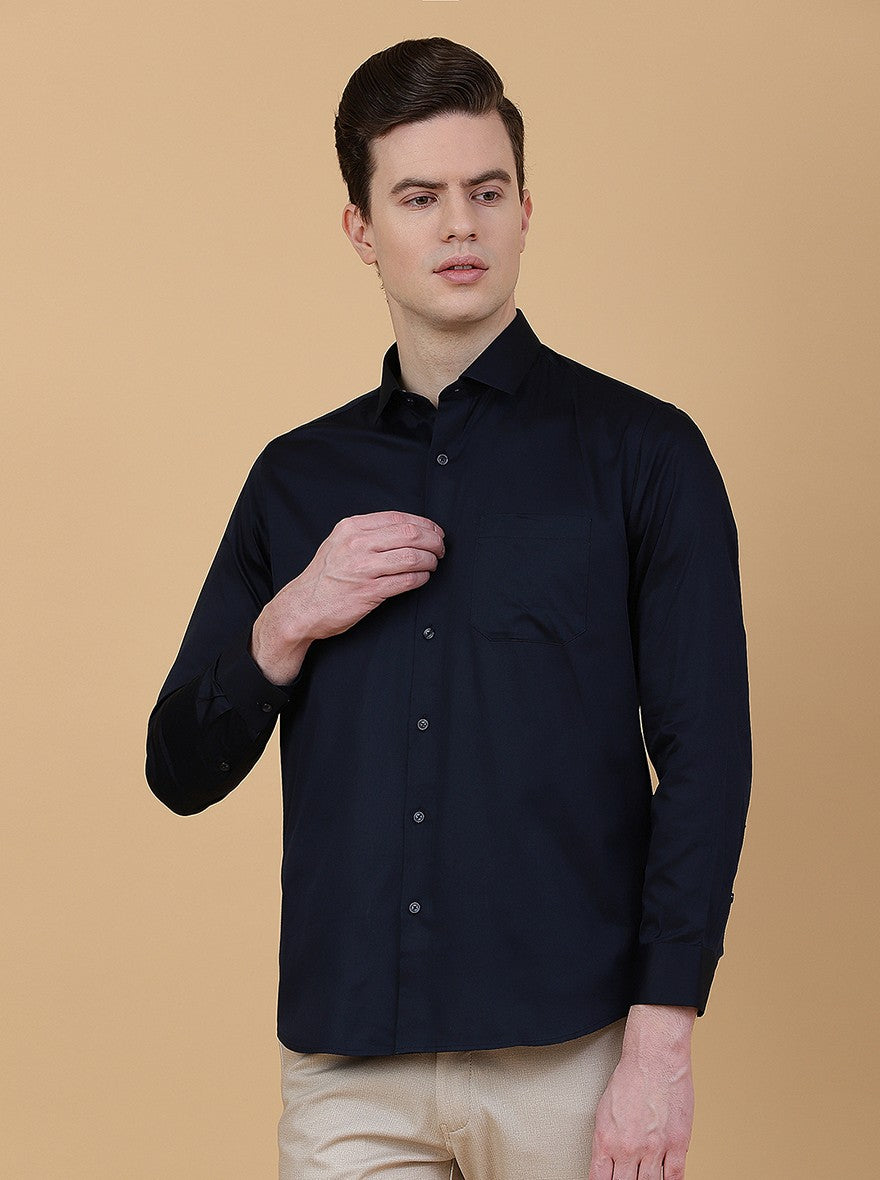 Navy Blue Solid Slim Fit Party Wear Shirt | Greenfibre