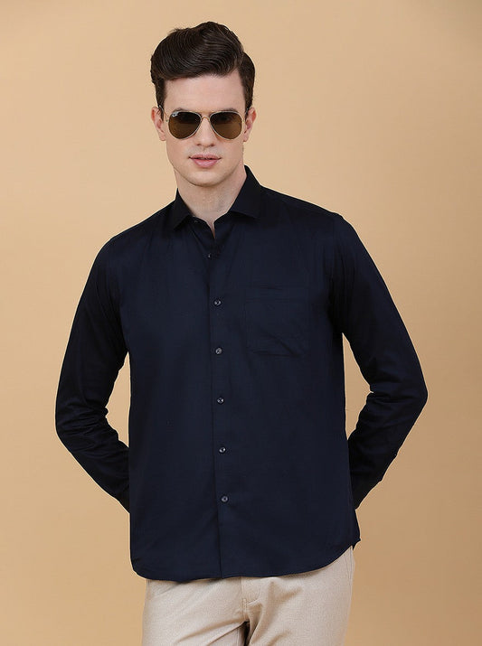 Navy Blue Solid Slim Fit Party Wear Shirt | Greenfibre