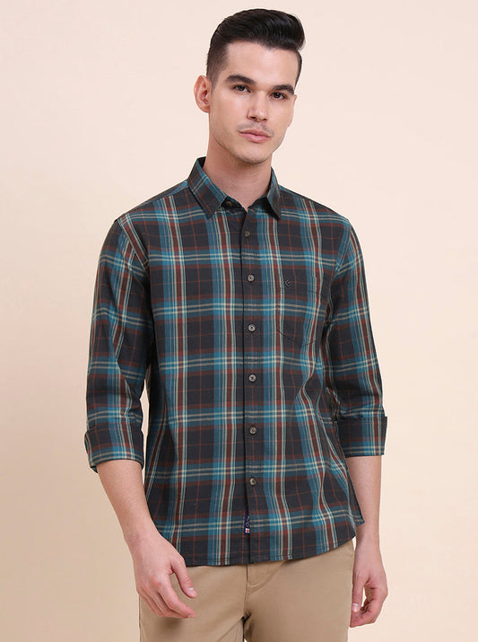 Green Checked Slim Fit Casual Shirt | Greenfibre